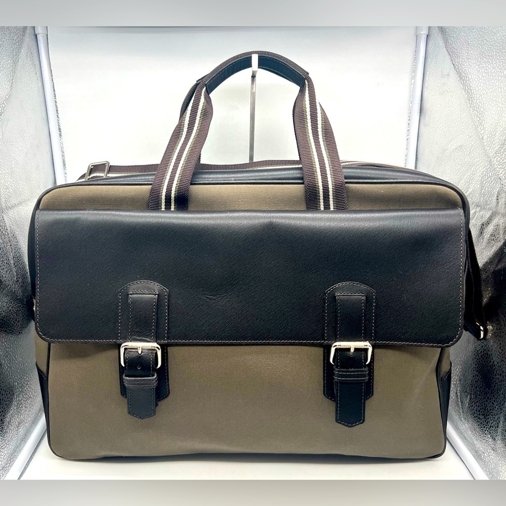 DUNHILL Khaki Canvas Brown Leather Briefcase Messenger Travel Laptop Bag Men's